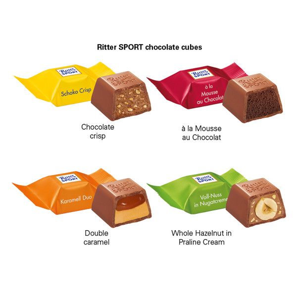 Stand- Up box, Ritter SPORT chocolate cubes chocolate crisp | 2 Ritter SPORT chocolate cubes chocolate crisp (only unmixed), 16 g