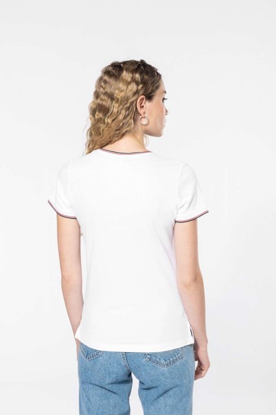 Ladies' Piqué Knit V-Neck T-Shirt - White / Navy / Red / 2XL