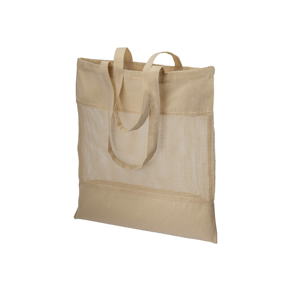 135 G/ M2 Natural Cotton Shopping Bag  With Net On The Central Part,  Long Handles