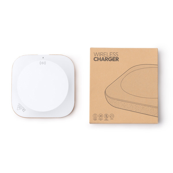 Cargador inalámbrico personalizado de ABS reciclado y corcho 10W con indicador luminoso