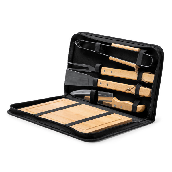 Set de barbacoa personalizado de acero inoxidable y madera con 5 piezas y funda de RPET