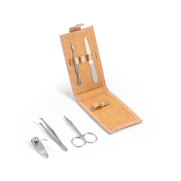 PS - ZENA. Stainless steel manicure set in cork pouch