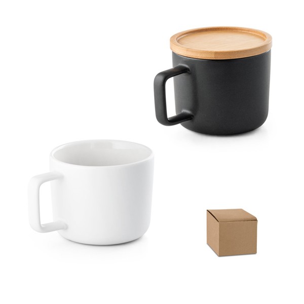 FANGIO. Tasse en céramique 230 mL avec couvercle et base en bambou - Blanc