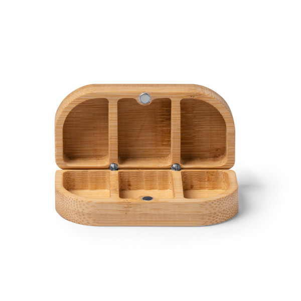 Personalised bamboo pill box with three compartments and magnetic closure