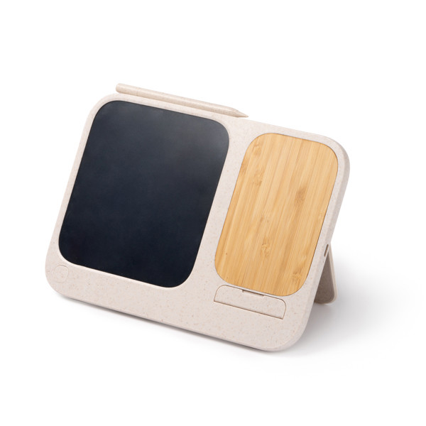 Cargador inalámbrico personalizado de bambú y fibra de trigo 15W con pizarra digital 6 pulgadas
