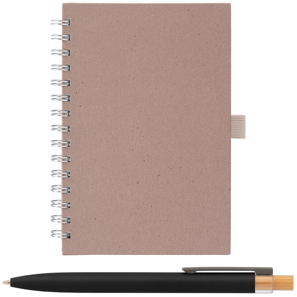Set carnet Terra A5 à spirales, couverture rigide en carton de lait recyclé & stylo Reborn - Dune / Jet d’encre 4 couleurs