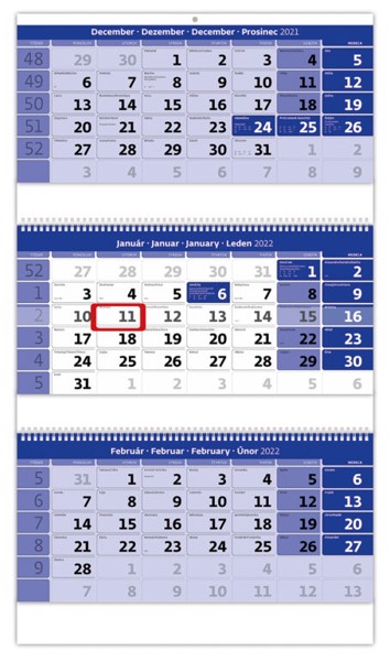 Slovenské trojmesačné menné so sviatkami európskych štátov (CZ / SK / A / B / D / F / H / CH / I / PL / RUS / UKR) Slovenský trojmesačný kalendár  so špirálou, 31,5x55,5cm+18cm - modrý