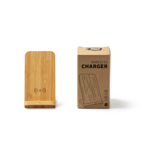 Cargador inalámbrico personalizado de bambú 5W con soporte para smartphone