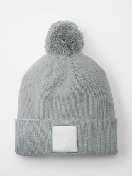Appliqué Patch Pom Beanie - Ash / White