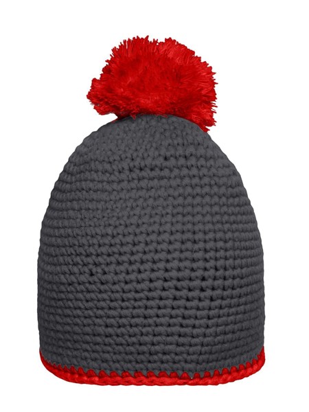 Pompon Hat with Contrast Stripe - Carbon / Red