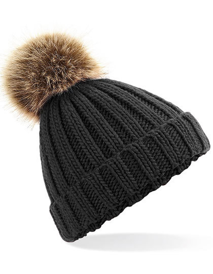 Junior Faux Fur Pom Pom Chunky Beanie - Black / One Size