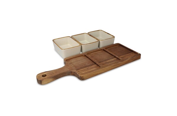 InSideOut Planche de service en bois avec 3 bols en céramique - Ecru