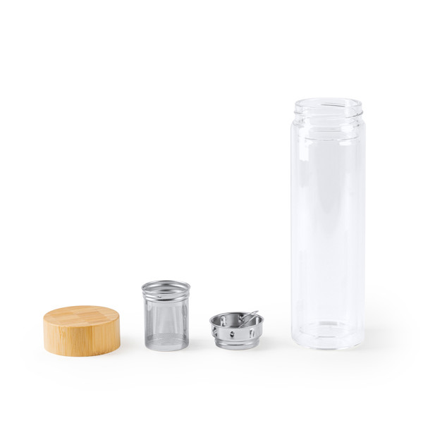 Personalised double-wall borosilicate glass bottle 420 ml with tea infuser and bamboo lid