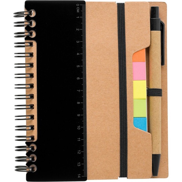 Memo holder, notebook, ball pen, ruler, sticky notes