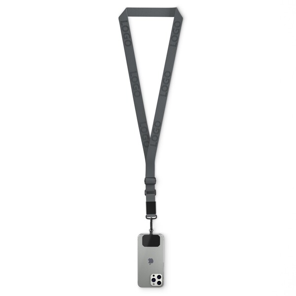 Porta cellulare regolabile a tracolla in tessuto con etichetta in metallo con logo inciso. Da 100pz - Grigio antracite