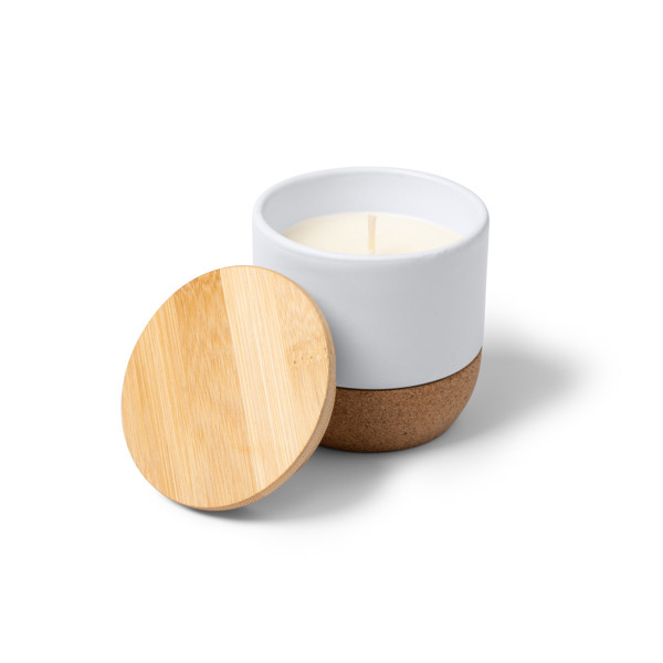 Vela aromática personalizada de cera vegetal en recipiente de cerámica con tapa de bambú