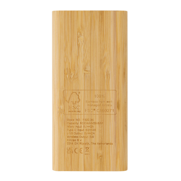 Bambusov bežični powerbank 8.000 mAh, 5W