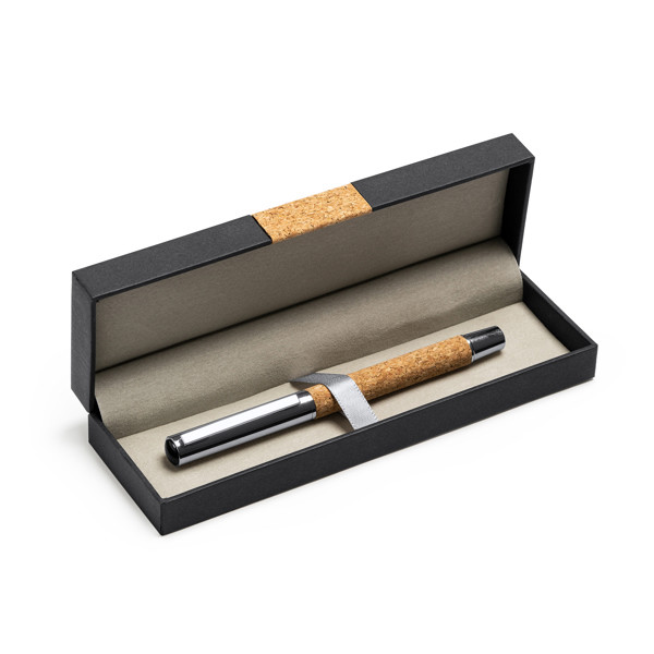Personalised roller pen set in cork and metal with padded case
