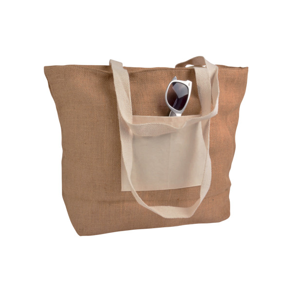 Jute Shopping Bag With Bottom Gusset  In Natural Cotton, Zip Closure