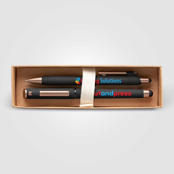 York Recycled Plastic Bronze Trim Pen Gift Set - Black / 4 Colour inkjet