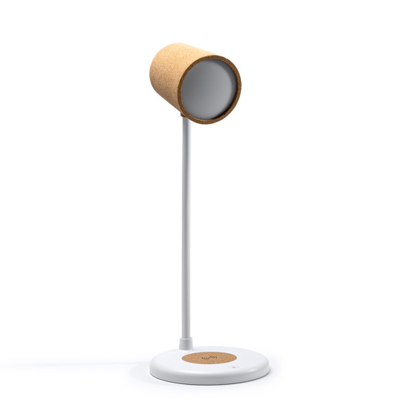 Lámpara personalizada de ABS y corcho con altavoz Bluetooth y cargador inalámbrico 10W