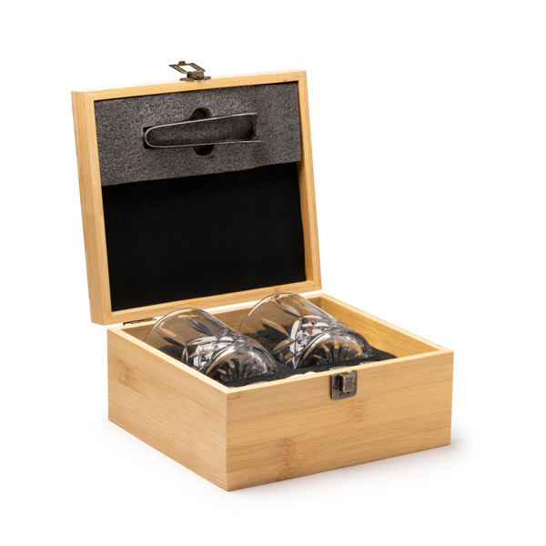 Set de whisky personalizado con vasos de vidrio y cubitos de piedra natural reutilizables