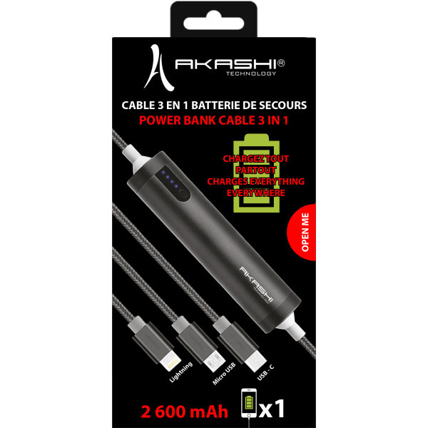 SAYO - CÂBLE USB 3 EN 1 AVEC FONCTION BATTERIE DE SECOURS 2600 mAh
