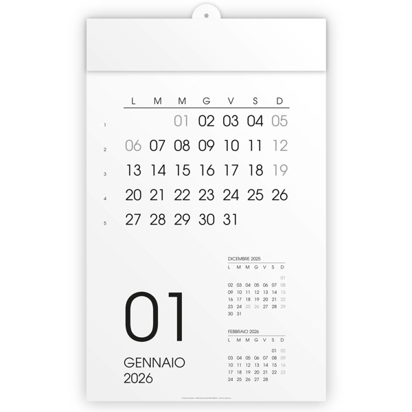 Calendario 2026 Da Parete Mensile, 12 Mesi, Su Cartoncino Bianco, Termosaldato
