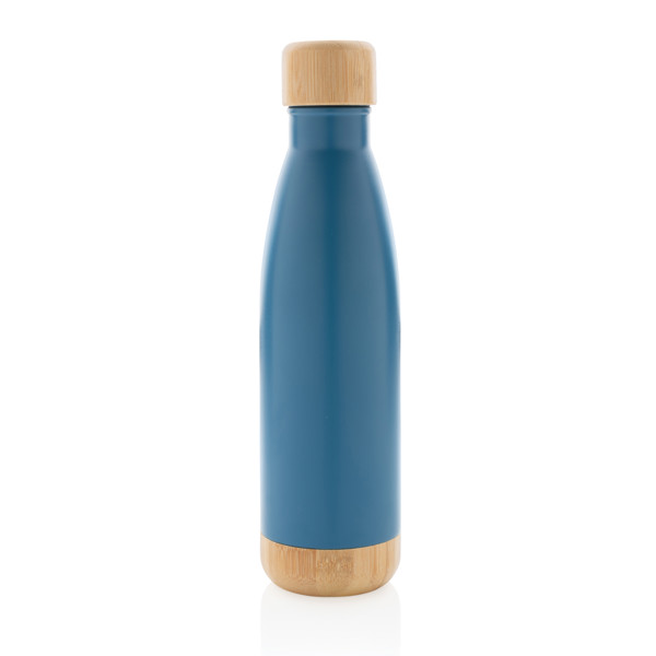 Vacuum stainless steel bottle with bamboo lid and bottom - Blue