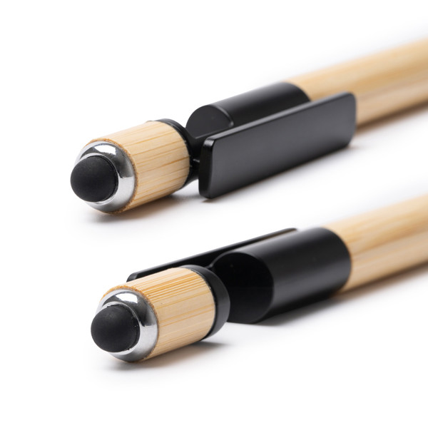 Promotional bamboo pen with anti-stress spinner and touchscreen stylus personalised