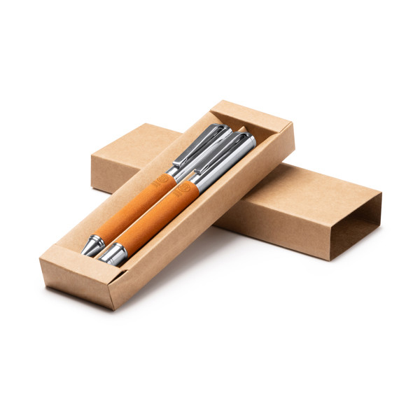 Personalized ballpoint and rollerball pen set in recycled leather with rotating clip and metallic details