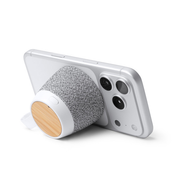 Altavoz inalámbrico personalizado de bambú y RPET 5W con anillo magnético soporte smartphone