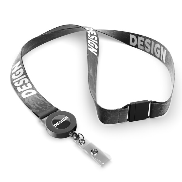 Polyester sublimatie lanyard met badge reel - Full color / Zwart / 15mm breedte / Veiligheidssluiting