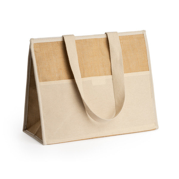 Bolsa nevera isotérmica personalizada de yute laminado 20 litros con bolsillo frontal