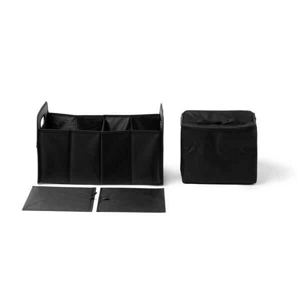 Foldable car trunk organizer with removable 12-litre isothermal cooler, custom branded in 600D polyester