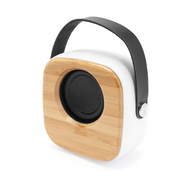 Altavoz inalámbrico personalizado de bambú y ABS 3W con asa de polipiel