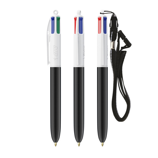 BIC® 4 Colours® Kugelschreiber + Umhängeband - Weiß/Schwarz