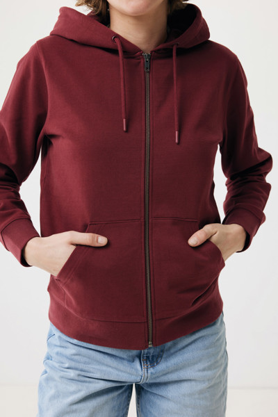 Mikina na zip s kapucí IQONIQ Abisko z recykl. bavlny - Vínově Červená / XL