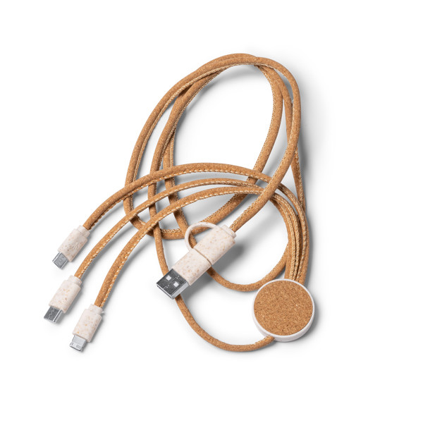 5-in-1 personalised charging cable in cork and wheat fibre 125 cm with Type-C, Micro USB and Lightning connectors
