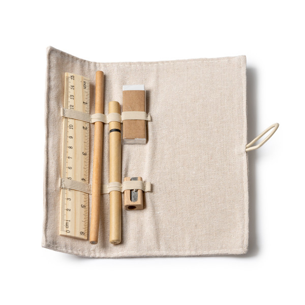 Natural writing set personalised with bamboo ruler, paper pencil and cardboard pen in jute pouch