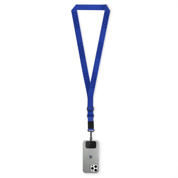 Suporte para telemóvel em forma de cruz feito de fita tecida com placa de metal gravada com o seu logótipo. Disponível em quantidades de 100 ou mais - Dark Azure Blue / Preto