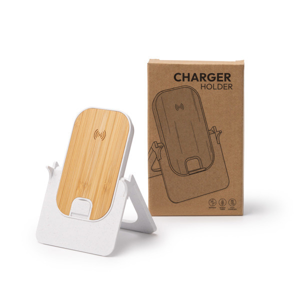 Cargador inalámbrico plegable personalizado de fibra de trigo y bambú 10W con soporte multiposición