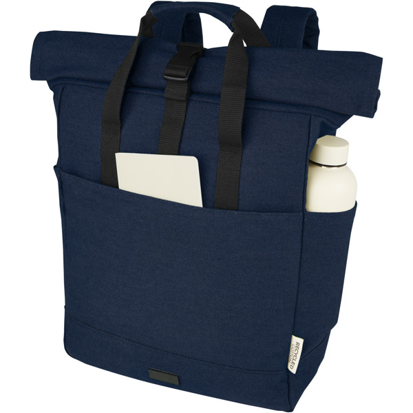 Sac à dos pour ordinateur portable Joey de 15 L en toile recyclée GRS 15 pouces avec dessus enroulable - Marine