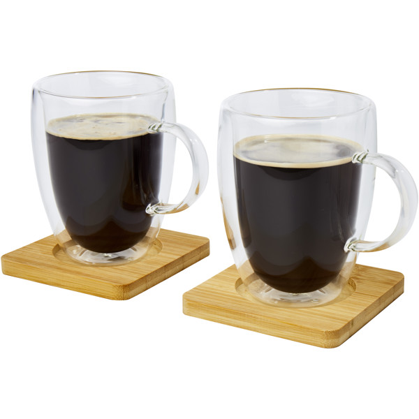 Tasse 2 pièces Manti de 350 ml à double paroi en verre avec sous-verre en bambou