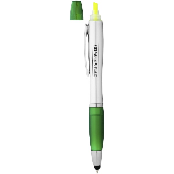 Stylo bille avec fonction stylet et surligneur Nash - Argent / Vert