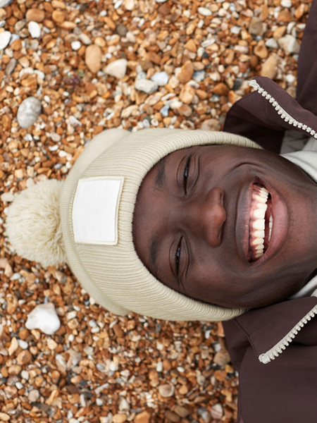 Appliqué Patch Pom Beanie - Ash / White