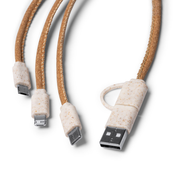 Cable cargador 5 en 1 personalizado de corcho y fibra de trigo 125 cm con conectores Tipo C, Micro USB y Lightning