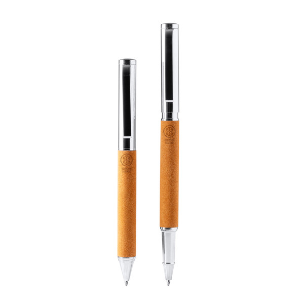 Personalized ballpoint and rollerball pen set in recycled leather with rotating clip and metallic details
