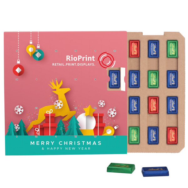 Mini adventný kalendár ECO kartónová vložka, mini čokoládové tyčinky - Biela / 24 Lindt Chocolate bars in 4 colors, 124 g