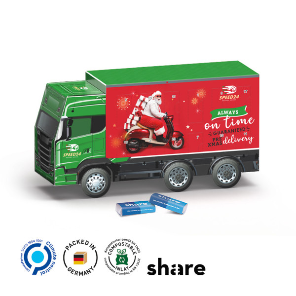 Adventskalender Lkw, Weiß / 24 Alpenmilch-Schokotäfelchen, 72 G